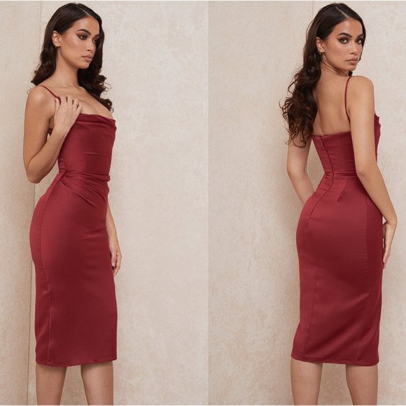 HOUSE OF CB 'Anja' Wine Satin Corset Midi Dress NWOT - Picture 6 of 10